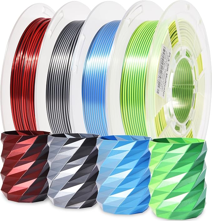RAMBERY Silk Dual Color 3D Printer Filament Bundle 1.75mm +/- 0.02mm, Bicolor PLA 3D Printing Filament 200gX4 Spools (1.76 lbs), Black-Silver, Red-Black, Blue-Silver, Yellow-Green