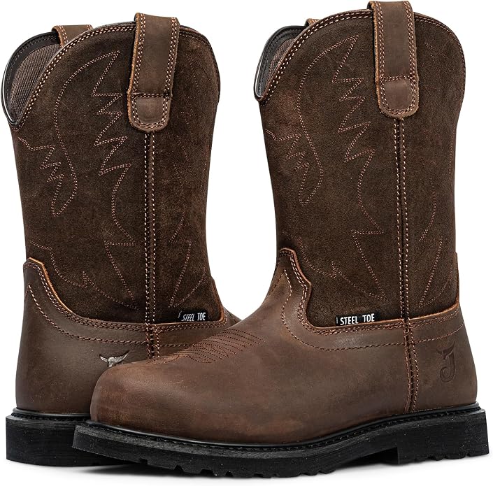 J‘s.o.l.e Men's Cowboy Work Boots Leather Goodyear Welt Non-Slip Rubber Outsole Round Toe Pull-On Brown – Steel Toe & Soft Toe Options