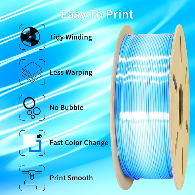 BBLIFE Silk White to Silk Sapphire Blue Color Change PLA 3D Filament, 1.75mm 3D Printing Filament, 2 Color Gradient Change Multi Colored Silk PLA, Widely Fit 3D Printer, 1KG Silk White to Blue PLA