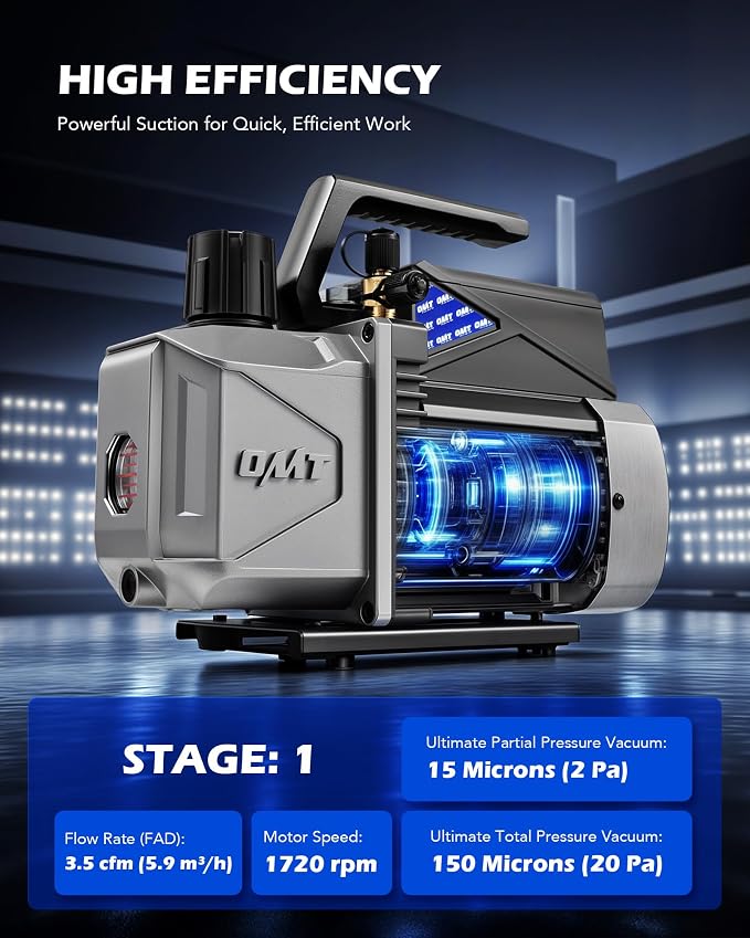 Orion Motor Tech A2L AC Vacuum Pump and Gauge Set, for R1234yf R32 R134a R410A Systems with 3.5 cfm Sparkless Ignition Proof Vacuum Pump, 3 Way AC Gauges Quick Couplers Can Taps Hoses Thermometer