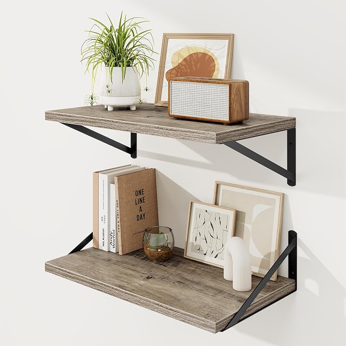 Floating Shelves 12 Inch Deep, 24W x 12D Wall Shelf Set of 2, 50 lbs Heavy Duty Reversible Metal Brackets, Deep Industrial Book Shelf for Living Room Kitchen Bath Bedroom Coffee Bar, Grey