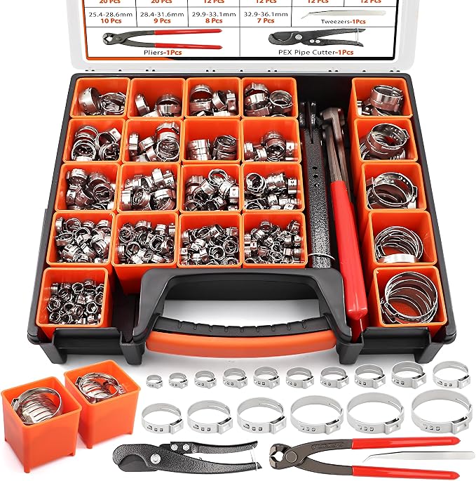 560PCS 304 Stainless Single Ear Hose Clamps Kit for PEX & Auto | 22 Sizes (5.3-36.1mm) with Pro Crimp Tool,360° Leak-Proof & Vibration-Resistant for Plumbing,Marine,and Fuel Lines