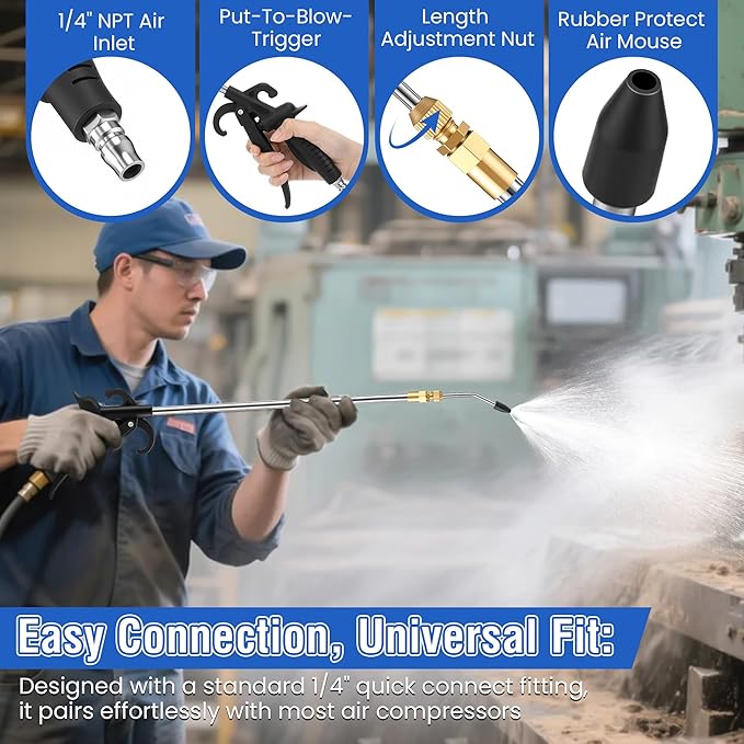 High Pressure Air Blow Gun, Extension Long Air Nozzle Blower Wand Fit 1/4" NPT Inlet & Lever Grip, Heavy Duty Industrial Blow Gun Pneumatic Tool for Radiator Compressor Attachment(2 Pcs,27-42 Inch)