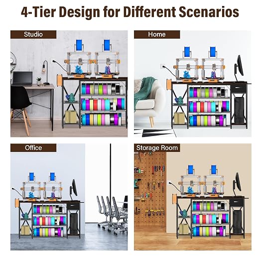 3D Printer Stand with Charging Station, Large 4-Tier 3D Printer Table with Filament Storage and Storage Drawer,Filament Rack,Heavy Duty 3D Printer Desk for Workshop,Office and Garage,Brown