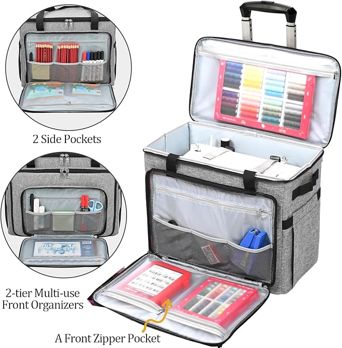 FINESUN Sewing Machine Case with Wheels, Rolling Sewing Machine Bag, Universal Craft Storage Bag for Brother Singer Janome and Most Embroidery Machine Carrying Tote Bag Grey