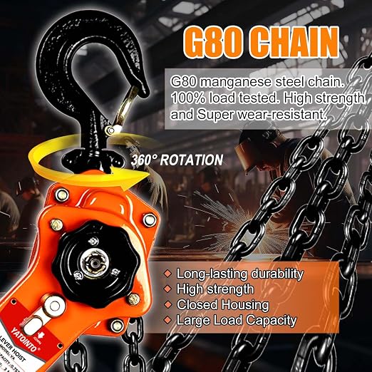 YATOINTO Lever Chain Hoist, 3/4 Ton Come Along Winch, 10FT Manual Ratchet Puller Hoist,G80 Black Chain and 2 Heavy Duty Hooks,1650lbs Hoist for Lifting