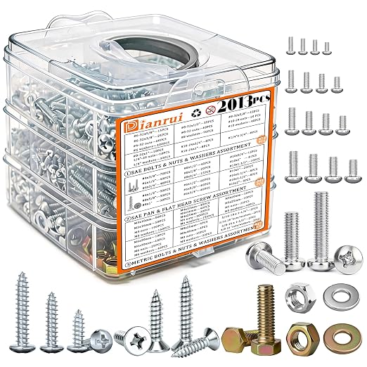 Dianrui 2013 PCS Metric & SAE Nuts & Bolts & Wood Screws Assortment Kit, Phillips Pan Head & Flat Head Screw, Grade 8.8 Metric Hex Bolt Set and Assorted Screws Nuts Bolts Washers (3 Trays)