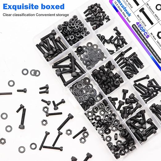 mxuteuk 450PCS M3 M4 Screws Assortment Set,6/8/12/16/20mm Screws Bolts Nuts Kit 12.9 Grade Alloy Steel Hex Socket Head Cap M3 M4 Bolts with Hex Wrench