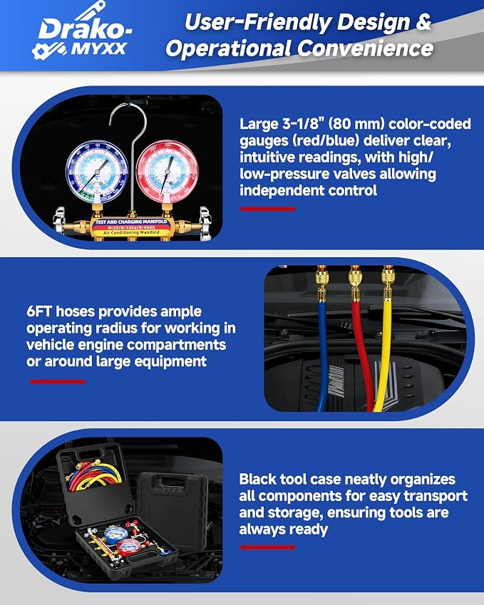 Upgraded New 42006 Test and Charge Manifold Set, with 3-1/8" (80 mm) Gauge, with 72" HVAC Hoses and Quick Coupler Adapters, 1/4" Standard Flared Fittings, Suitable for R-22/134A/404A, Toolbox