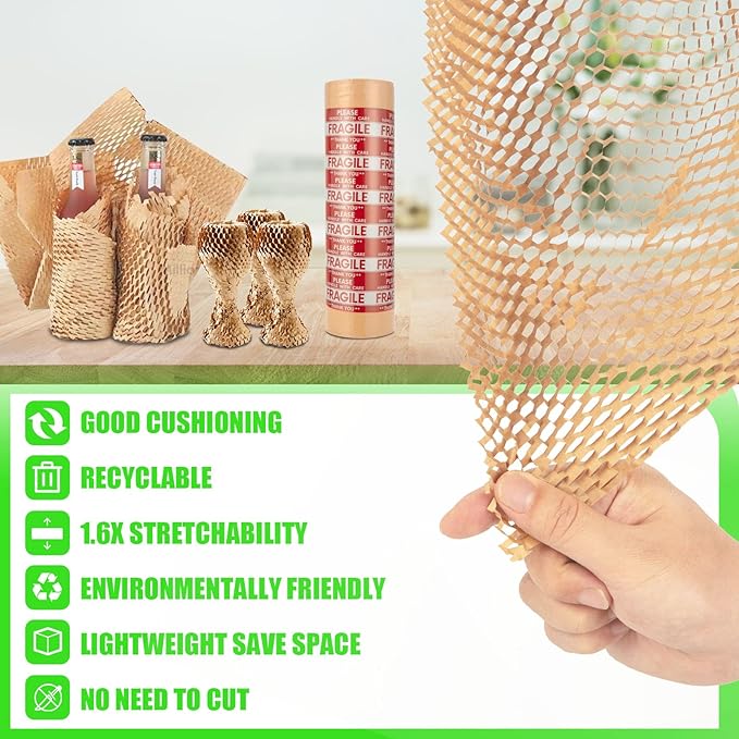 Honeycomb Packing Paper, MINHAO 15"x100ft Eco Friendly Packing Paper for Moving Recyclable Honeycomb Paper Moving Supplies Bubble Paper Wrapping Protective Roll, With 36 Fragile Sticker Labels