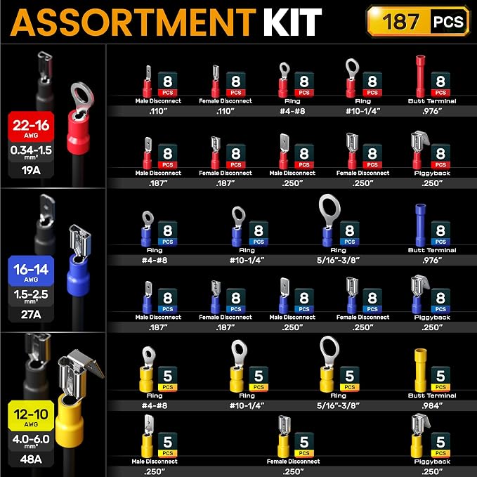 SOMELINE Wire Connectors Kit with Crimping Tool, 26 Types (UL Listed) Premium Insulated Electrical Terminals Assortment, 22-10 AWG Ratchet Wire Crimper - Ring, Butt, Quick Disconnects (187 Pcs)
