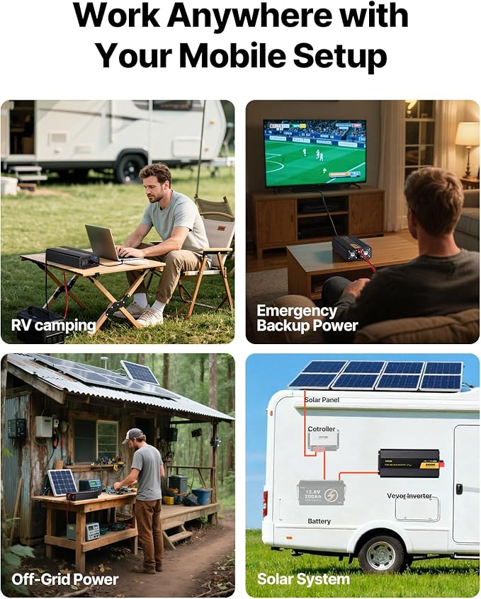 VEVOR 2500W Pure Sine Wave Inverter, 12V DC to 120V AC Car Inverter, 3 AC Outlets, USB Port, LCD Display, Remote Controller, Black, for RV Truck Car Solar System Travel Camping