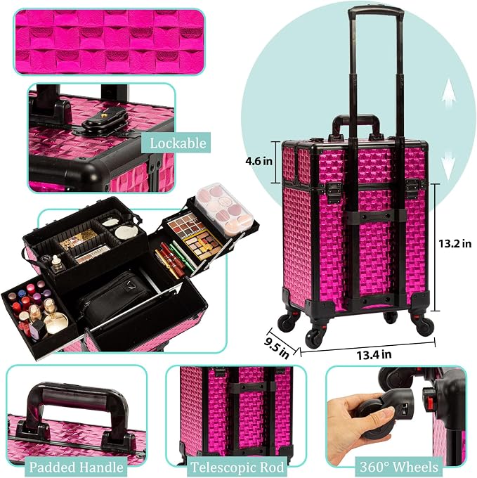 AROUS Rolling Makeup Train Case Cosmetic Travel Trolley with 4 Aluminum Trays with Sliding Rail Removable Middle Layer with Key Swivel Wheels Salon Barber Traveling Cart Trunk, Rose Red