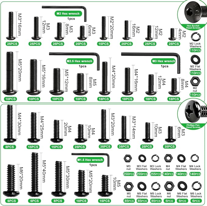 Twidec/3667PCS Hardware Assortment Kit,Metric Phillips Pan Head Bolts,Grade 8.8 Metric Hex Bolt Set and Grade 10.9 Button Head Hexs Socket Cap Screws Metric Screw with Matching Nut Washer Assortment