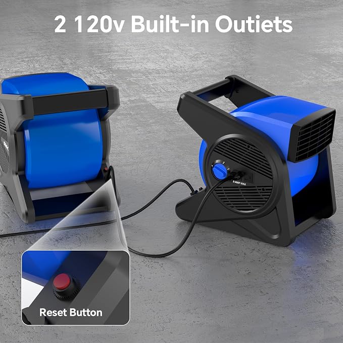 shinic 15" Utility Pivoting Blower Fan, Portable High Velocity Floor Blower with 2 120V Outlets, 3 Speeds Utility Fan Air Mover, Ideal for Work Shop Garage Gym Jobsite, Floor & Carpet Drying Use(Blue)
