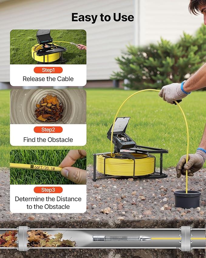 VEVOR Sewer Camera, 164 ft/50m, 4.3" Drain Inspection Camera, IP68 Waterproof Snake Plumbing Tool with Lights - 6 Adjustable LEDs, 4500mAh Battery & 16GB Card for Sewer Line Duct Pipes