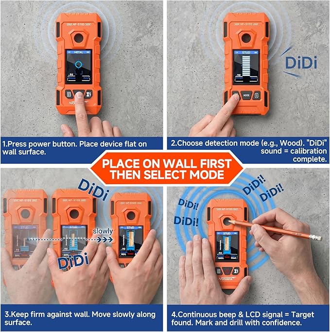 NOYAFA Rechargeable Stud Finder Wall Scanner, 6 in 1 Electronic Wall Detector | Positioning Hole HD LCD Display, Audio Alarm, Accurately Detects Wood, Metal Studs, Live AC Wires, Joists and Pipes