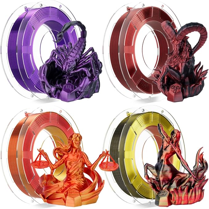 Chitu Systems Conjure Silk PLA 3D Printer Filament, 1.75mm Dual Color Filament Bundle, Silk Black Red+ Black Purple+Red Gold 3D Printing Filament 4x200g/1.8lb