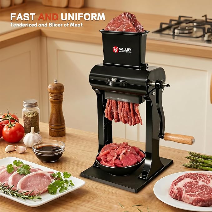 Manual Meat Tenderizer Jerky Slicer - 2 in 1 Commercial Meat Tenderizer Machine, Stainless Steel Tenderizing Blade and Jerky Slicer Blade for Beef and Chicken, Black