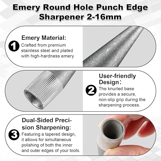 2 Pcs Emery Round Hole Punch Edge Sharpener 2-16mm Handmade DIY Leather Manual Punch Polishing Grinder Tool for DIY Leather Crafts