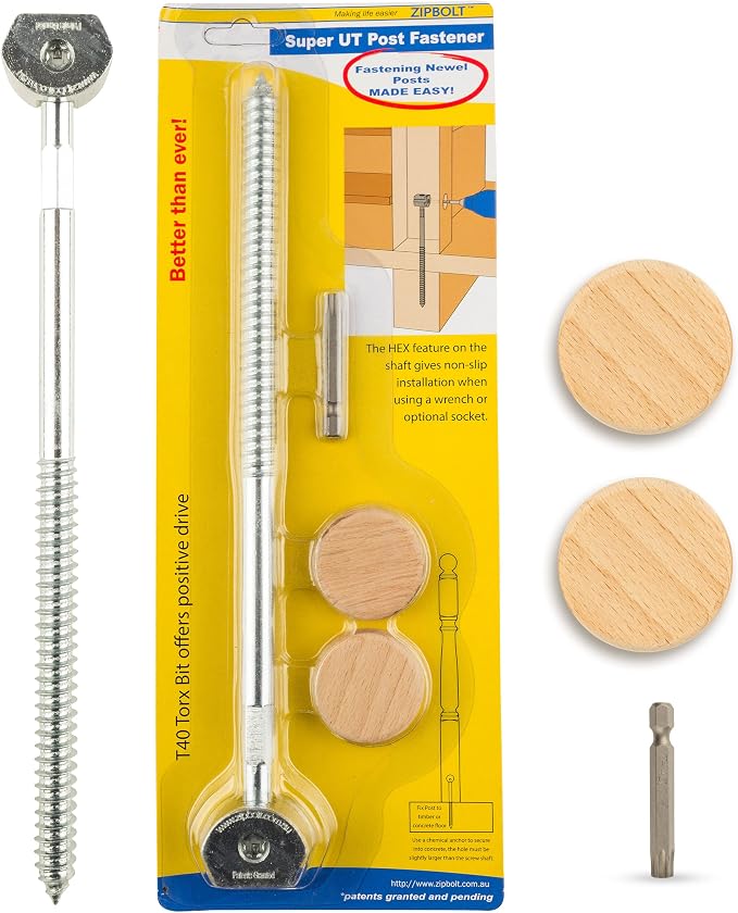 Zipbolt 14.110 Super UT Newel Post Fastener — Quick and Easy Wrench-Free Installation of Staircase Newel Posts, Anchors Post Directly to Wood or Concrete Floor