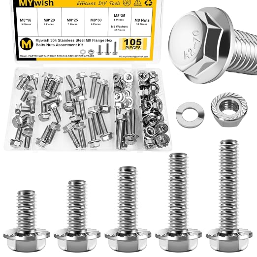 105Pcs M8x1.25 Bolt x 16/20/25/30/35mm Flanged Hex Head M8 Bolt, M8 Screws 304 Stainless Steel Nuts and Bolts Assortment Kit, DIN 6921, Serrated Metric Bolt Assortment by Mywish