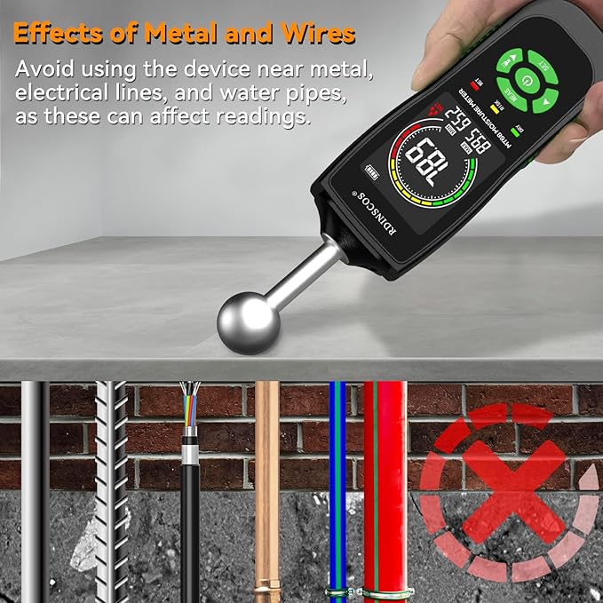 RDINSCOS Ball Probe Moisture Meter Non-Invasive Digital Moisture Detector | 5-40mm Depth Moisture Tester for Wood, Wall, Custom Alarm Threshold, Flashlight LCD Screen for Basement Inspection