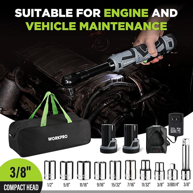 WORKPRO 12V 40 Ft-lbs Power Ratchet Wrench Kit with 10-Piece Socket Accessory Set, 1-Hour Fast Charger, 2.0Ah Lithium-Ion Batteries | 40 Ft-lbs, 10-Piece Socket Accessory Set, 1-Hour Fast Charger, 2.0Ah Lithium-Ion Batteries
