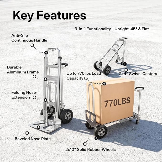 NORTHSKY 3-in-1 Convertible Hand Truck & Platform Cart, 770 lbs Heavy Duty Aluminum Dolly with 10" Solid Rubber Wheels&Folding Nose Extension – Ergonomic Anti-Slip Handle for Transporting & Moving