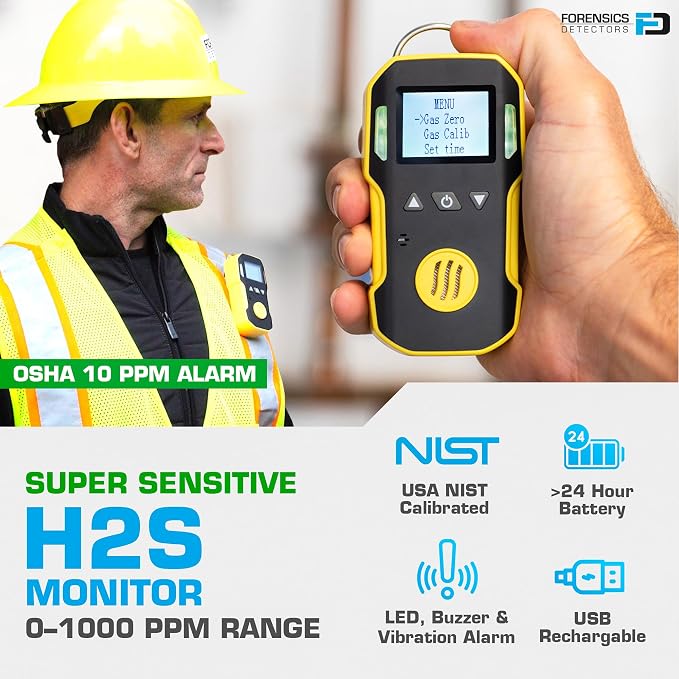 H2S Monitor by Forensics | USA NIST Calibration & Certificate | Dust & Explosion Proof | USB Recharge | Sound, Light and Vibration Alarms | 0-100ppm H2S |