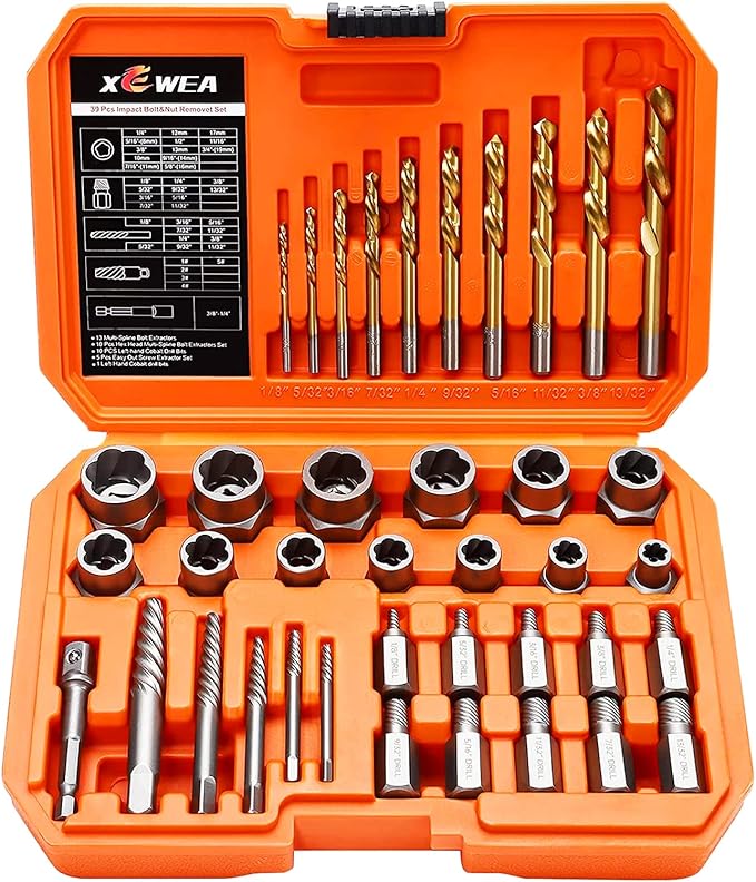 XEWEA 39PCS Screw & Bolt Extractor Set with Left Hand Drill Bit Set, Multi-Spline Easy Out Broken Bolt Remover Tools for Damaged Stripped Rounded-Off Bolts, Socket Screws, Nut, Studs and Fittings