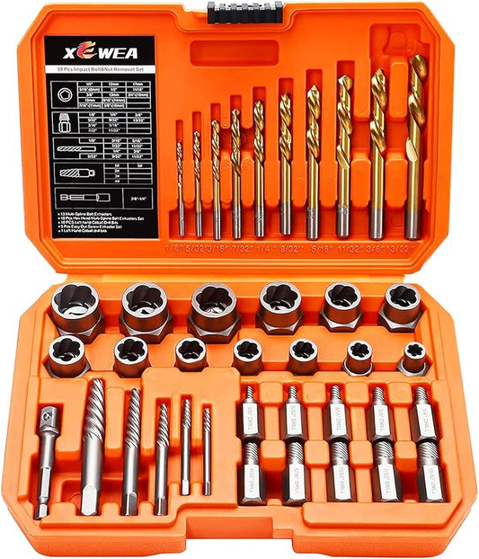 XEWEA 39PCS Screw & Bolt Extractor Set with Left Hand Drill Bit Set, Multi-Spline Easy Out Broken Bolt Remover Tools for Damaged Stripped Rounded-Off Bolts, Socket Screws, Nut, Studs and Fittings
