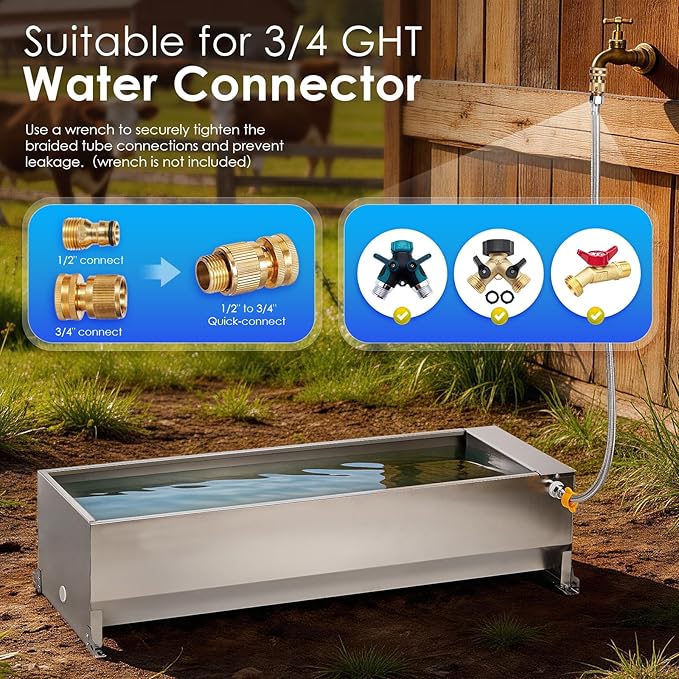 10 Gallons Automatic Livestock Water Trough Stainless Steel Larger Dog Water Bowl Dispenser with Float Valve Kit Large Capacity Outdoor Horse Pig Water Trough for Dog Pig Cow Goat 36‘’*12.4*‘’9.1‘’