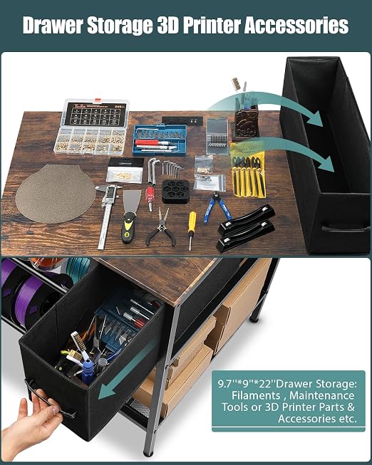 AHOWPD 3D Printer Table with Filaments Storage - 3D Printer Stand Filament Storage Rack Heavy Duty 3D Printer Desk with Drawer for Workshop Studio Office (Brown)
