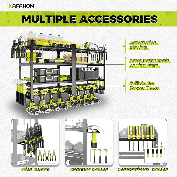 KAFAHOM Power Tool Organizer, 8 Drill Holder Wall Mount, 4 Layers Garage Tool Organizers and Storage Rack, Tool Shelf with Screwdriver/Plier/Hammer Holder