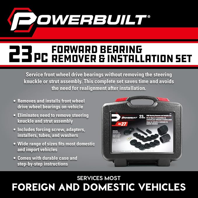 Powerbuilt Front Wheel Drive Bearing Removal and Installation Tool Set, Domestic and Import, 23 Piece Kit with Adapters - 648741
