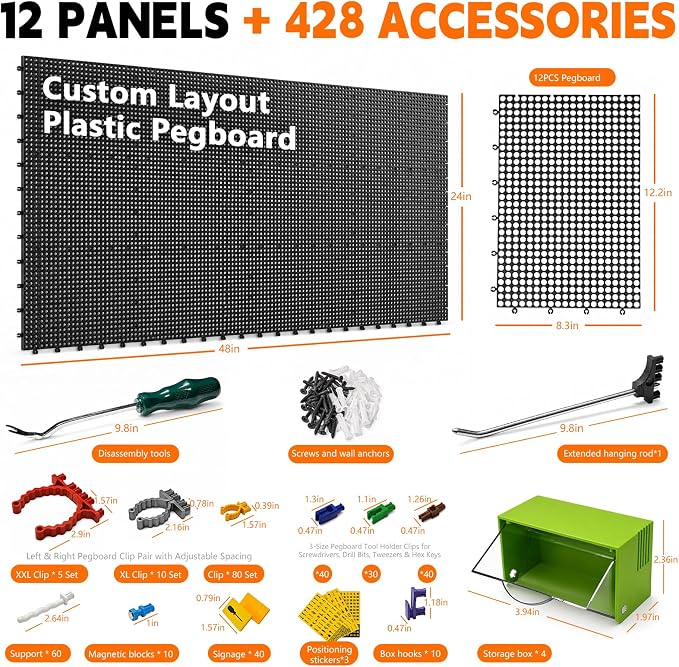 Plastic Pegboard Wall Organizer Kit, 12 Black Panels 48" x 24", 428 Accessories with Hooks, Clips, Bins & Holders, Modular Tool Storage Board for Garage, Workbench, Craft Room, Home Repair