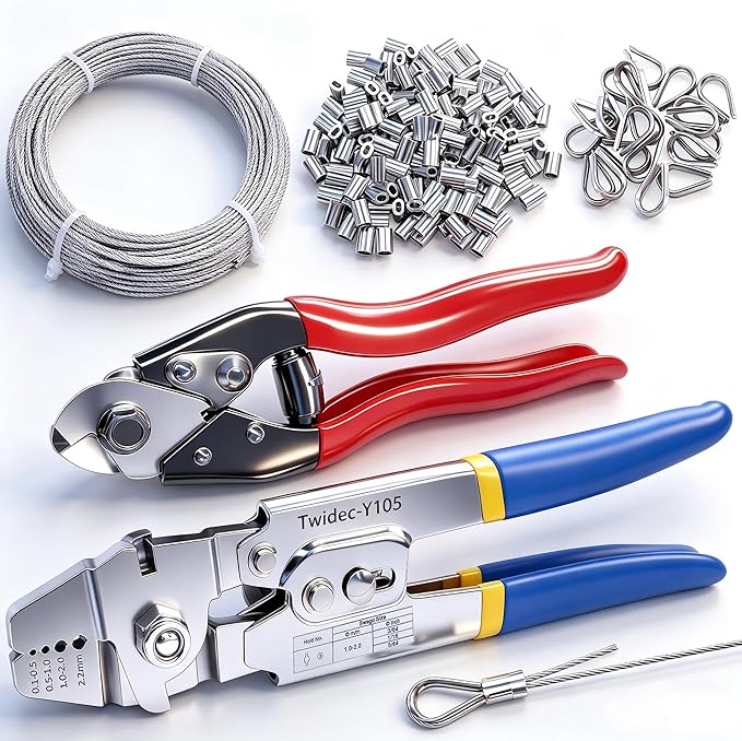 Twidec/Wire Rope Crimping Tool Up To 2.2mm With 240PCS 1/16''Aluminum Crimping Loop Sleeve And 165FT 1/16'' 304 stainless steel Wires Rope 20PCS Wire Thimbles And Wire Rope Cable Cutter Kit