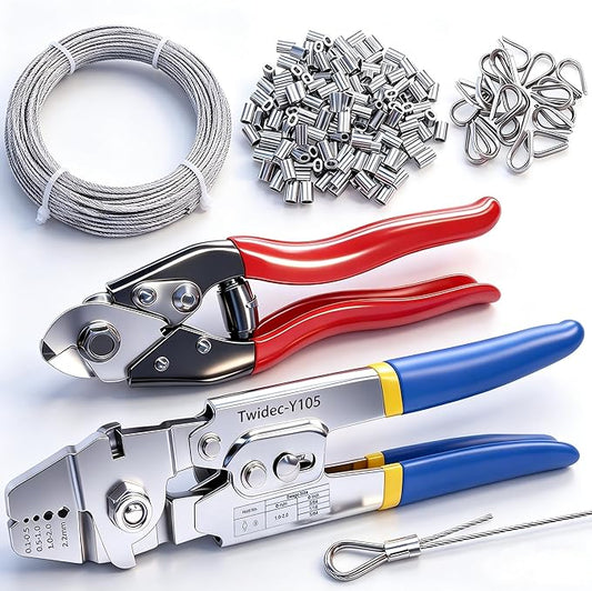 Twidec/Wire Rope Crimping Tool Up To 2.2mm With 240PCS 1/16''Aluminum Crimping Loop Sleeve And 165FT 1/16'' 304 stainless steel Wires Rope 20PCS Wire Thimbles And Wire Rope Cable Cutter Kit
