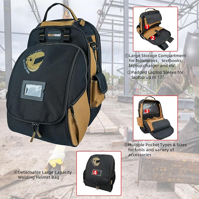 MELOTOUGH Electricians Tool Bag Backpack Welding Helmet Bag Heavy Duty Tool Bag Backpack for Men Tool Organizer Bag for Electrician, Carpenter, Construction,HVAC,Welder（Khkai）