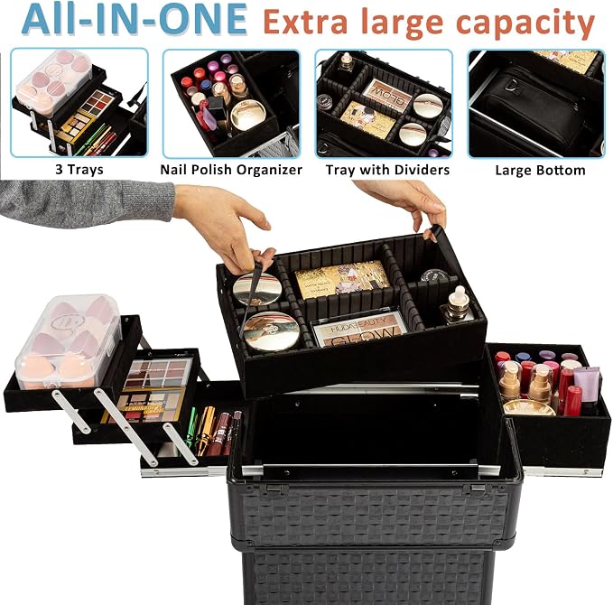 AROUS Rolling Makeup Train Case, Large Storage Cosmetic Trolley with 4 Aluminum Trays, 360 Swivel Wheels, Keys, Traveling Cart Trunk for Nail Technicians Hairstylist, Black