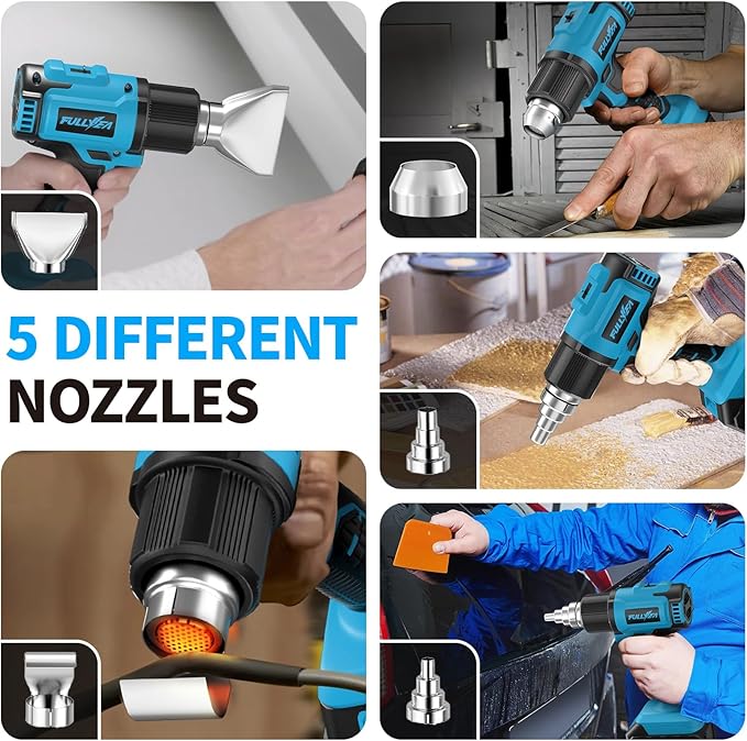 FULLYEA Heat Gun Cordless, Max 1022°F (550°C), Hot Air Gun Kit with 2x4.0Ah Batteries & 5 Nozzles, Lightweight Portable, Battery Heat Gun for Shrink Tubing, PVC Wrap, DIY Craft (Blue)