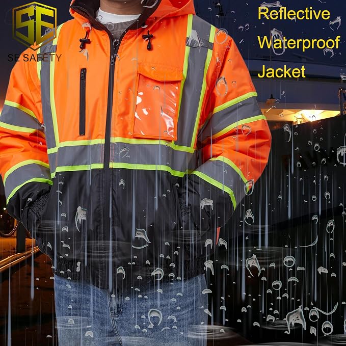 sesafety Reflective Jacket for Men, High Visibility Jackets, Safety Jackets for Men, Hi Vis Construction Bomber Jackets Waterproof with Pockets and Zipper, Black Bottom, Class 3