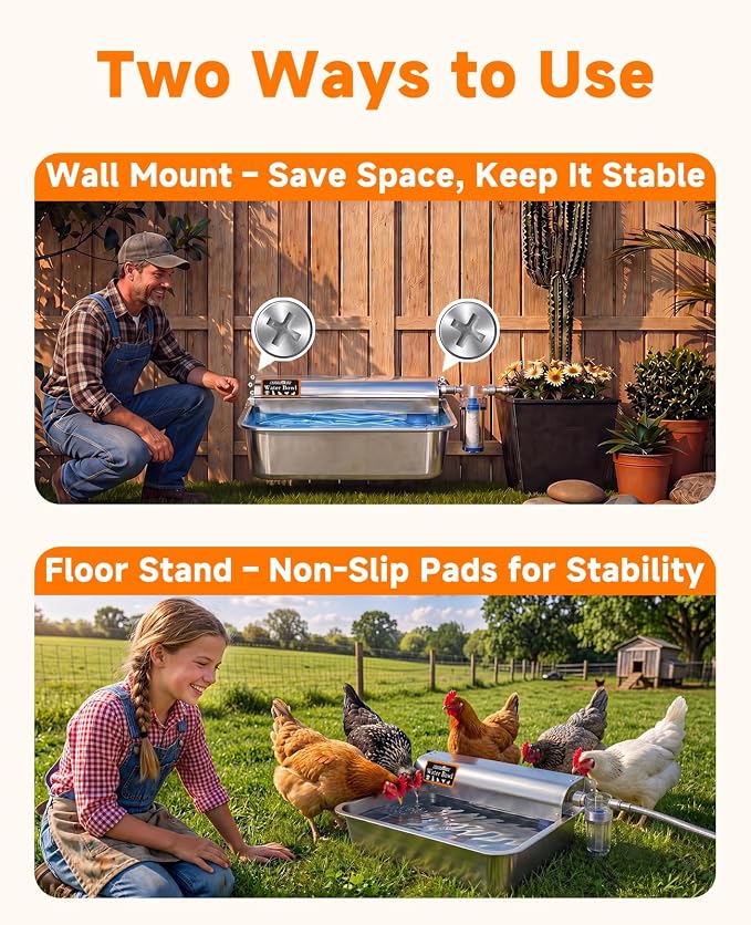 3 Gallon Automatic Chicken Waterer, Real 304 Stainless Steel Metal Poultry Waterer with Upgraded Float Valve, Extra Filter, 1.5M Hose (Stainless Steel Auto Waterer Set)