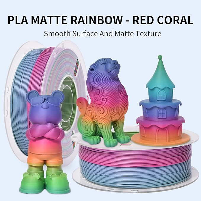 RAMBERY Matte Rainbow 3D Printer Filament 1.75mm Matte PLA Filament for 3D Printing Beginners, 1kg(2.2lb), Matte Rainbow Red Coral