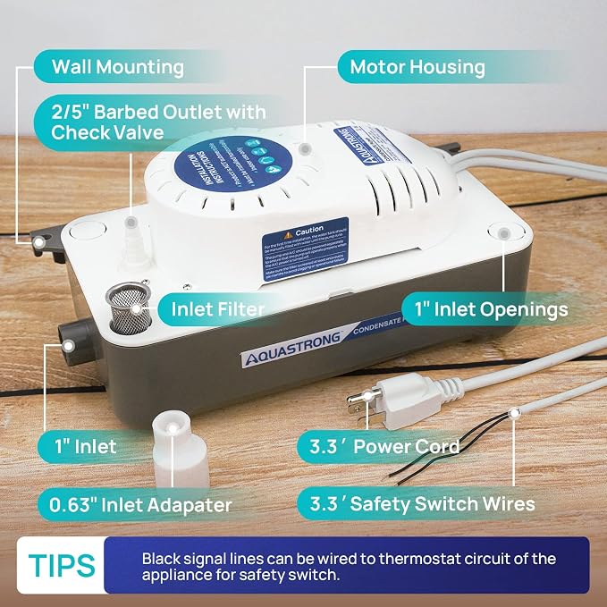 Aquastrong HVAC Condensate Pump, 115V/230V, Automatic Safety Switch, AC Condensate Removal for Air Conditioner, Furnace, Dehumidifier, 3.3' Power Cord, Light Gray