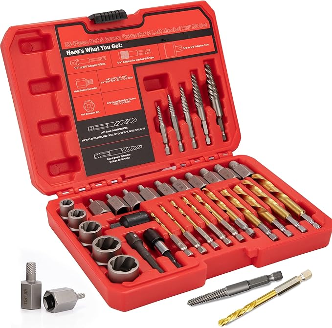 33Pcs Screw Bolt Extractor Set Hex Head Multi-Spline, Left Hand Drill Bit Set Easy Out Stripped Bolt Remover with Adapter, Bolt Extractor Kit for Removing Broken Rusted Nuts Screws Studs