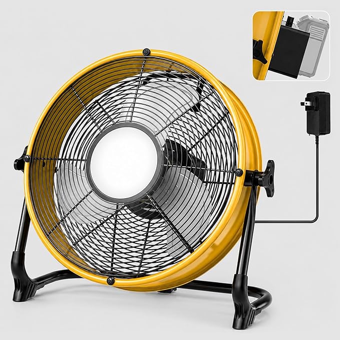 T-SUN 12 Inch Battery Powered Fan with LED Light, Portable Battery Operated Fan Compatible with DeWalt 20V Max Battery, Cordless Floor Fan with USB-C for Garage, Camping, Jobsite & Emergency