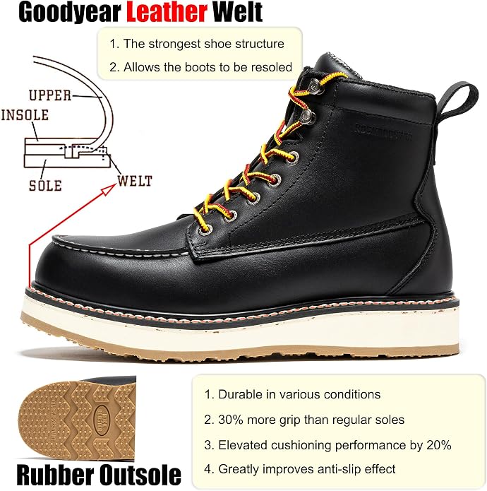 ROCKROOSTER Trinidad 6" Black Steel Toe Wedge Work Boots for Men, Durable Leather Welted Moc Toe Heritage Men's Safety Boots SAP2301 VAP2301