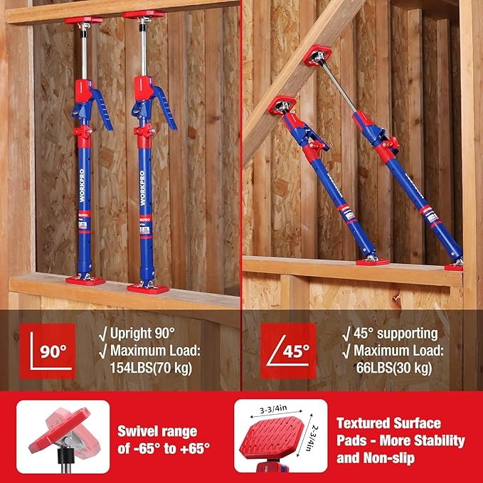 WORKPRO Cabinet Jack Support Pole, 23-5/8" to 45-1/4" Steel Telescopic Quick Support Rod Adjustable 3rd Hand Support System with 154 lbs Capacity for Cabinet Jack, Drywall Jack& Cargo Bars, 4-Pack